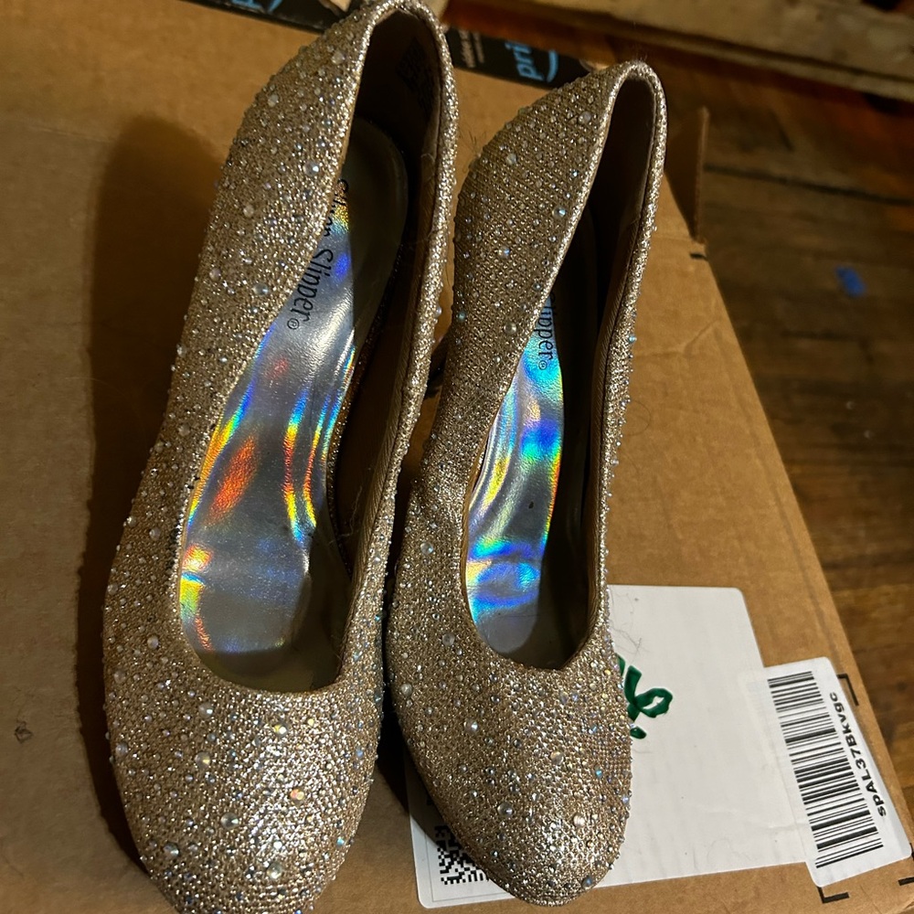 Gold with rhinestone heels